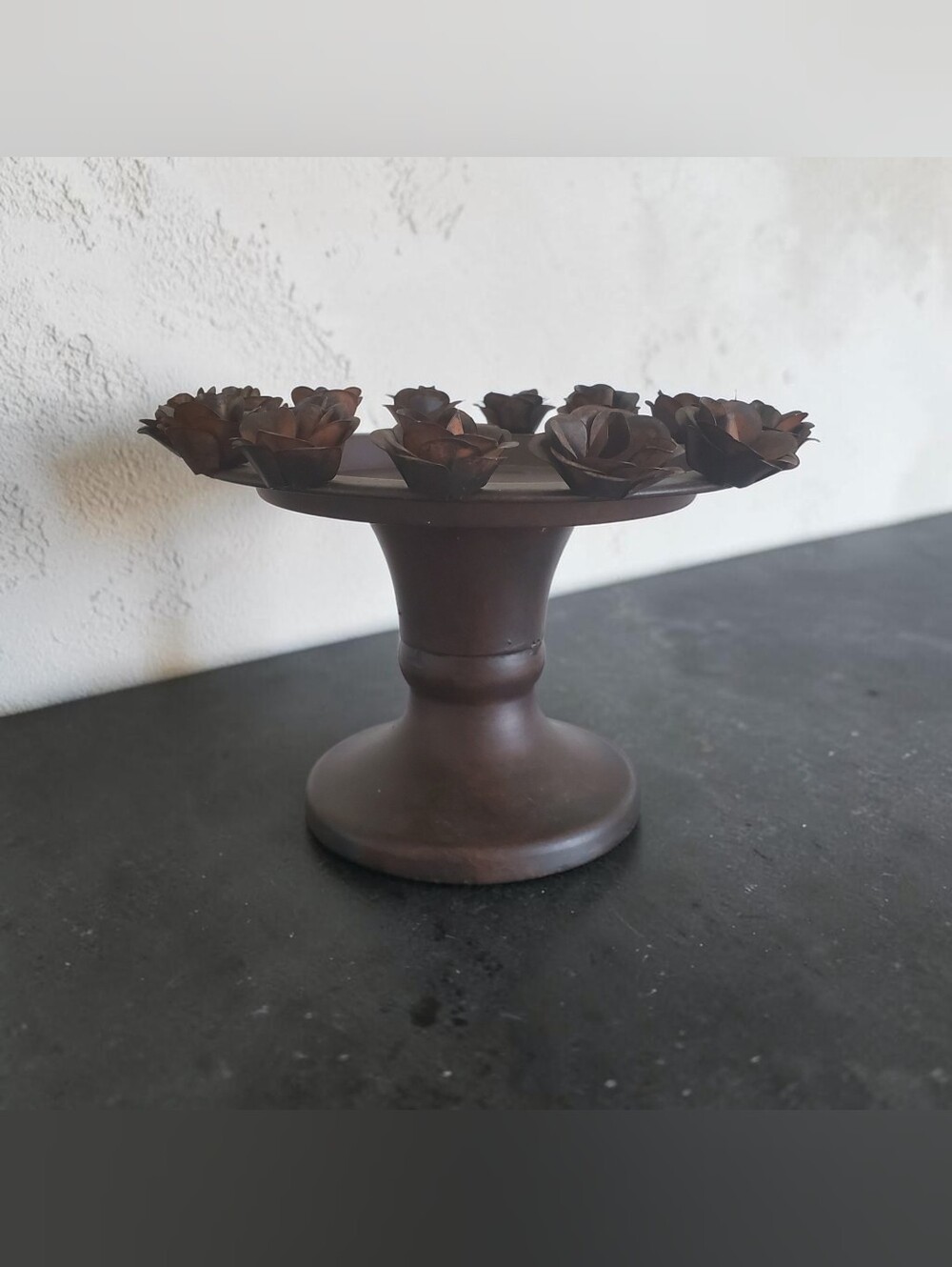 Dark Bronze Metal Adorned Rose Blossom Cake Stand Pedestal Gothic Core